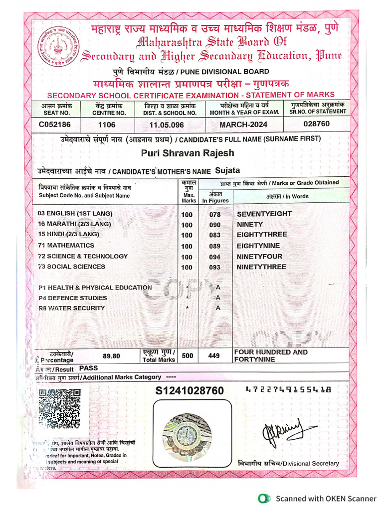 10 TH Mark Sheet | PDF