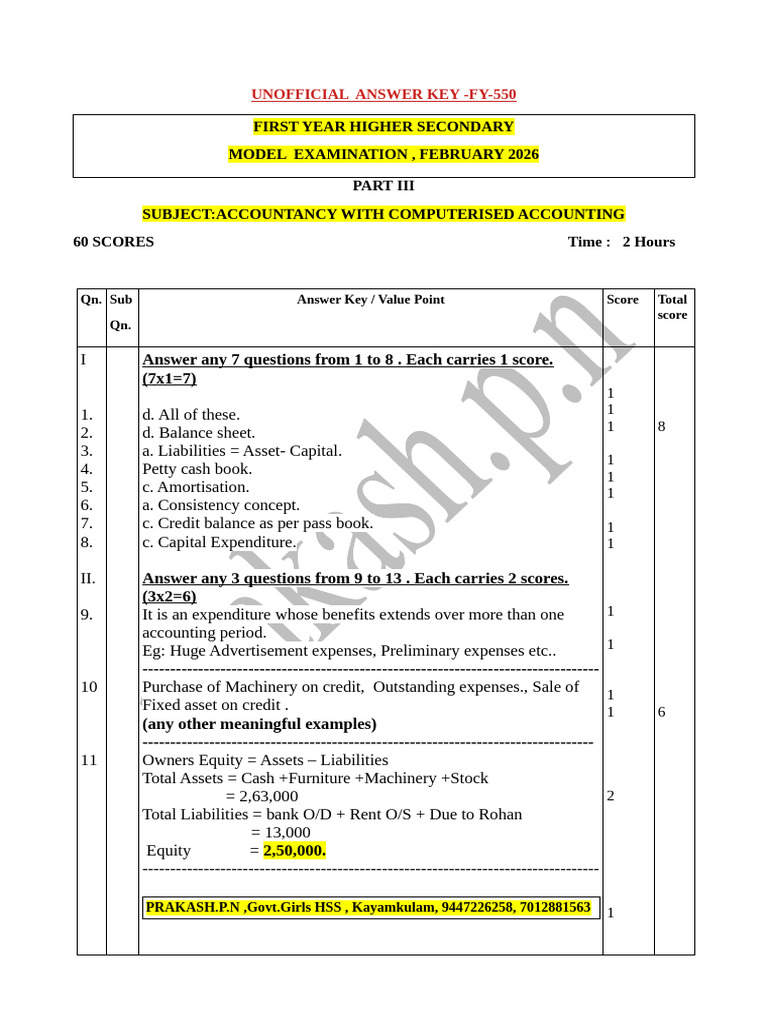 1 Year Model Answer Key 2026 Feb Acc With CA | PDF | Debits And Credits ...