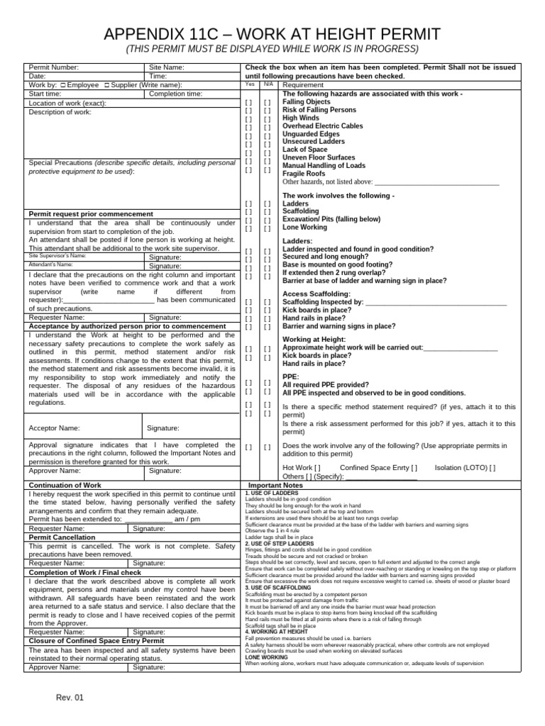 Appendix 11C - Work at Height Permit Form | PDF | Scaffolding | Workplace