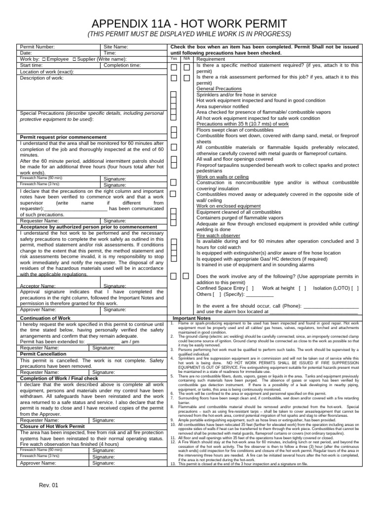 Appendix 11A - Hot Work Permit Form | PDF | Firefighting | Safety