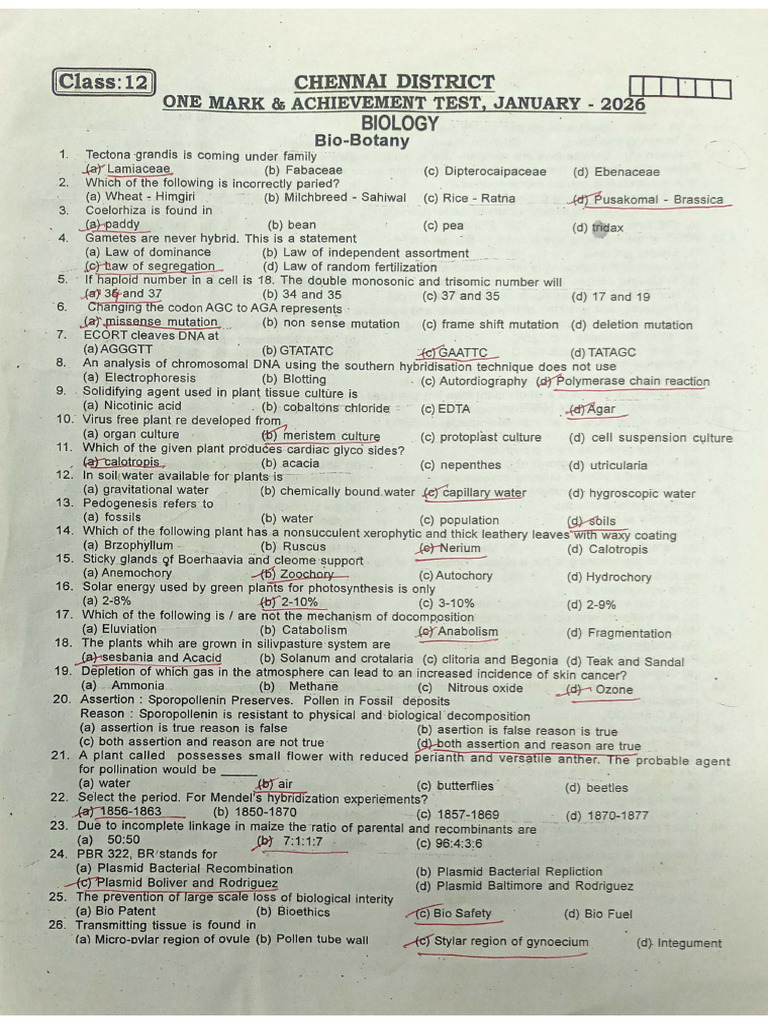 12 STD Biology One Mark Test Question Paper Chennai District | PDF
