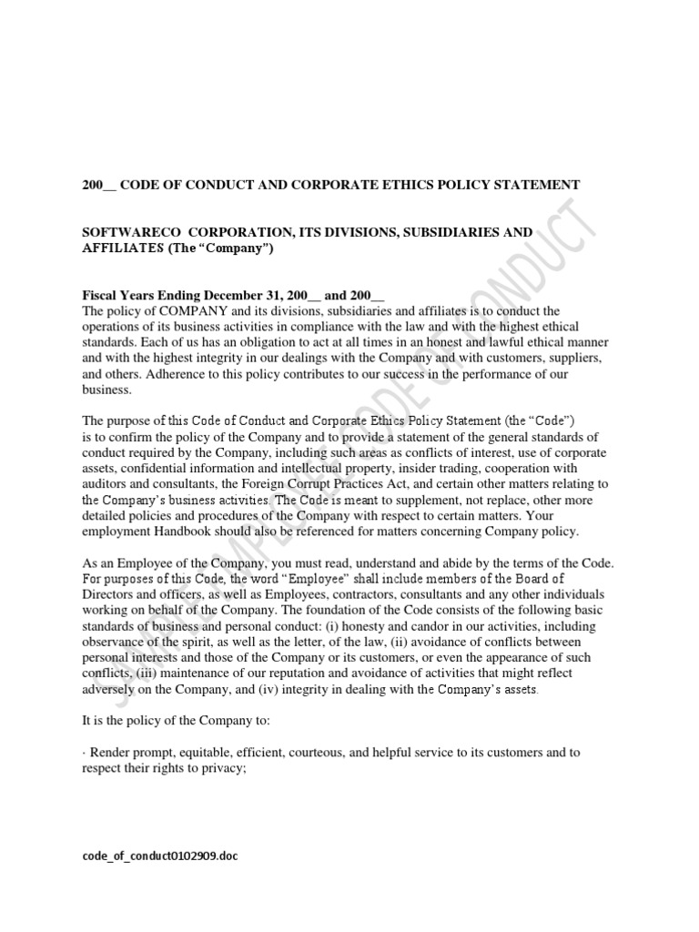 Sample Code of Conduct & Corporate Ethicss | PDF | Insider Trading ...