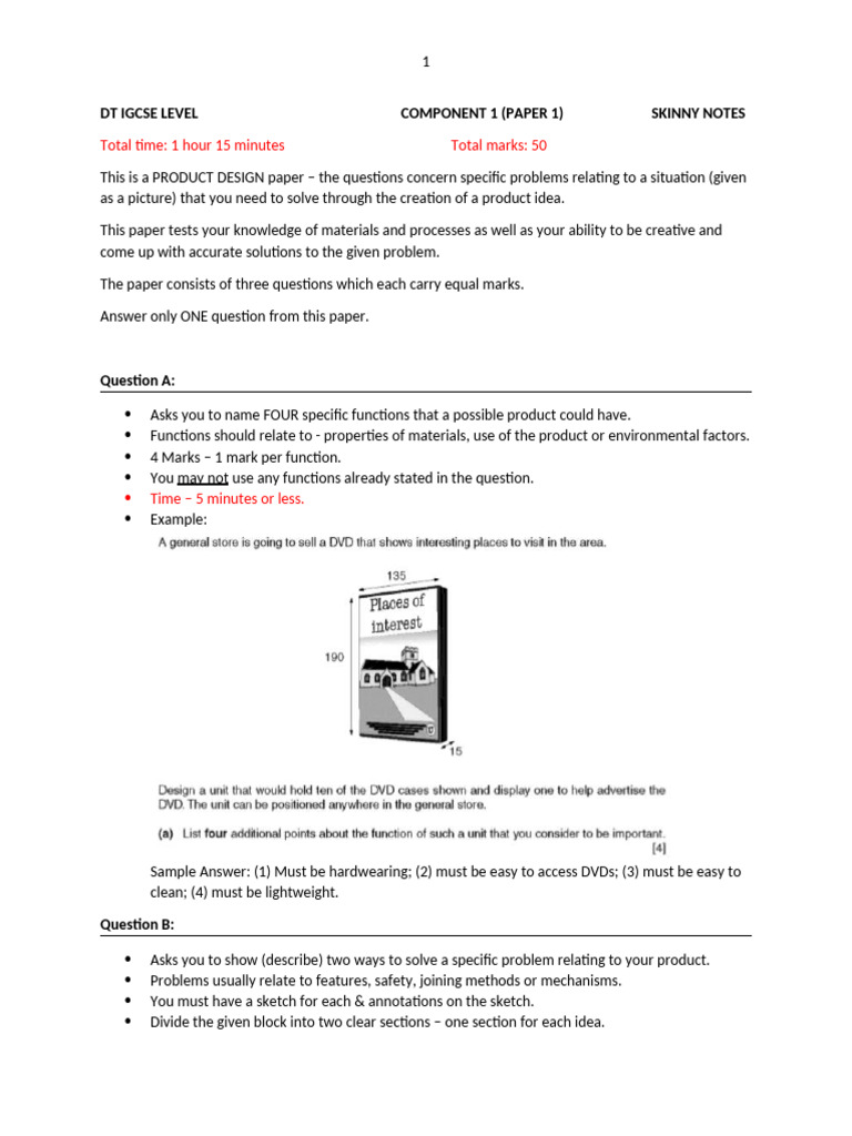 DT Igcse Component 1 Skinny Notes | PDF | Drawing | 3 D Computer Graphics