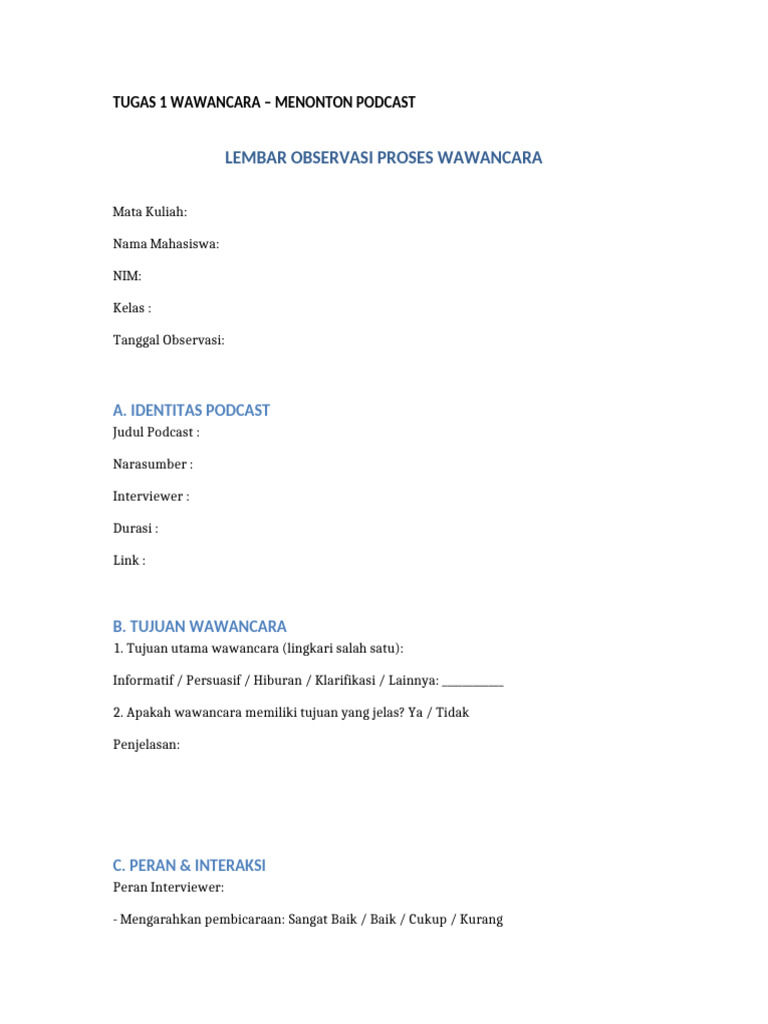 Tugas 1 Wawancara NAMA NIM KELAS 1 | PDF