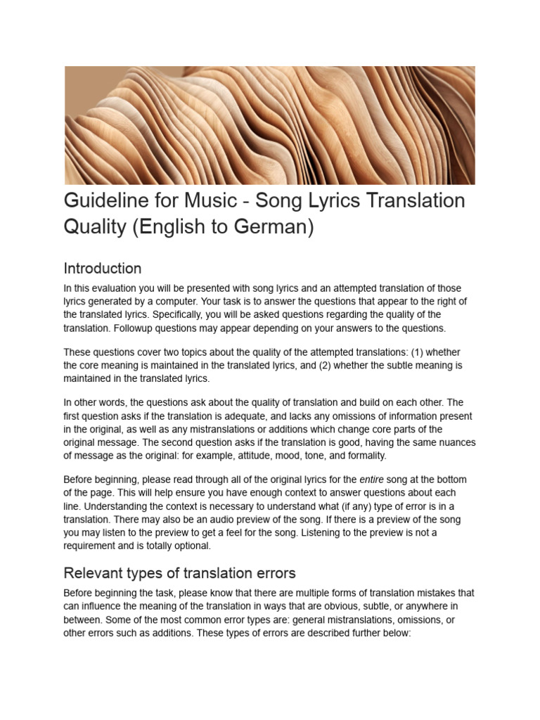 Guideline For Music - Song Lyrics Translation Quality (English To ...