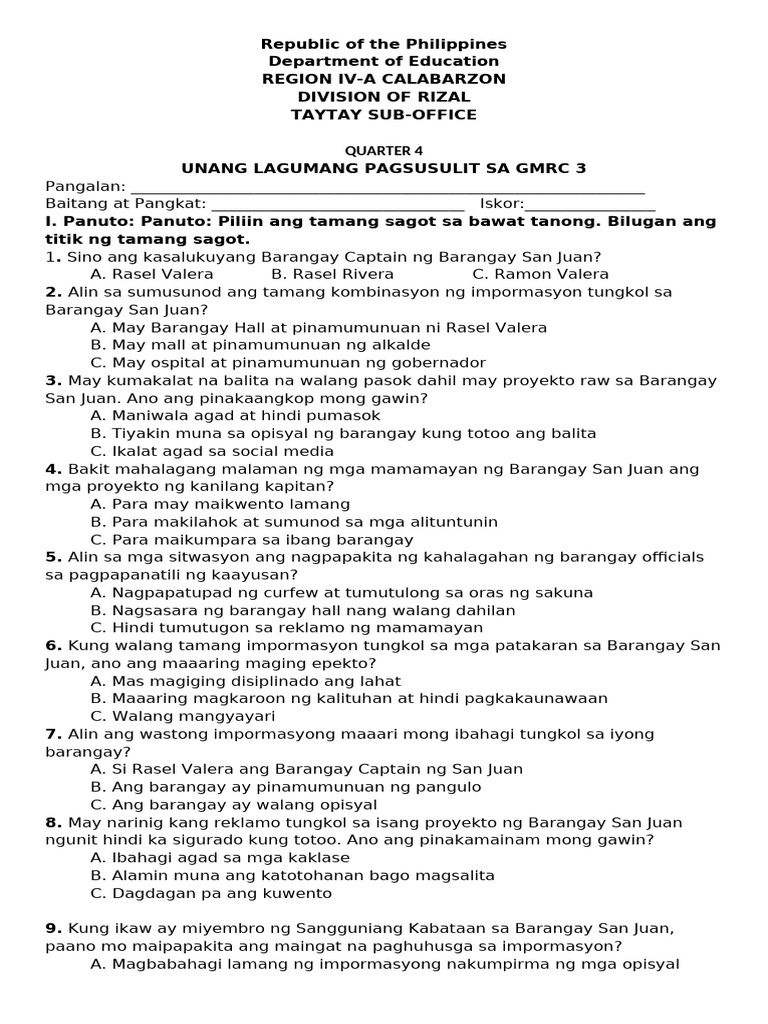 q4 1st Summative Test in GMRC 3 | PDF