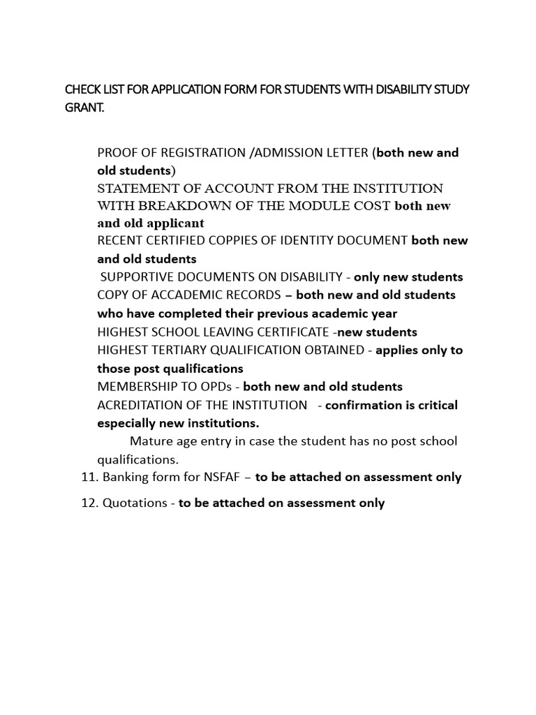 Check List For Aplication Form For Students With Disability | PDF