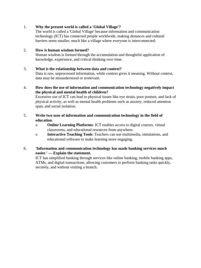 ICT Chap-1 (Short Questions) | PDF | Educational Technology ...