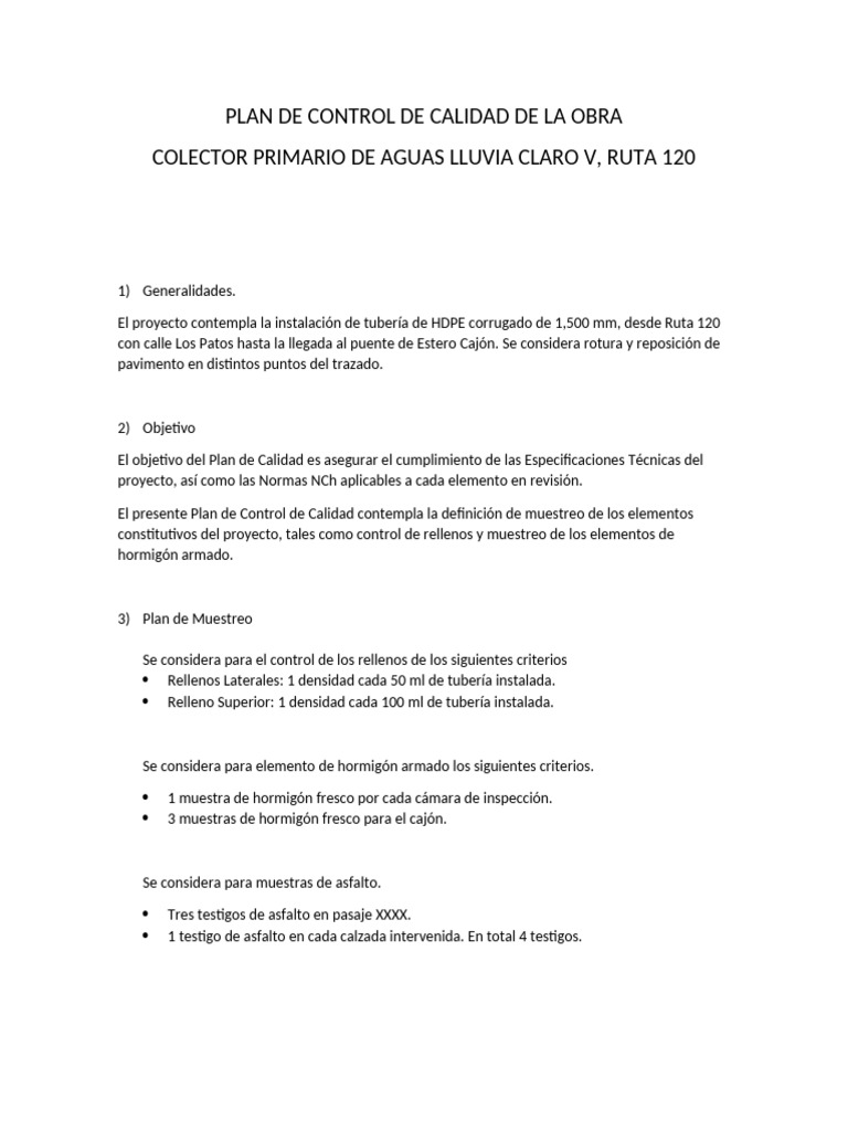 Plan de Control de Calidad de La Obra | PDF