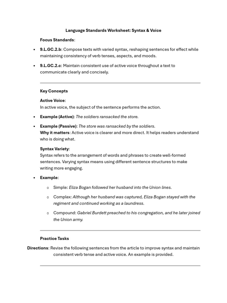 Language Standards Worksheet | PDF