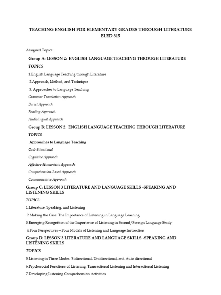Teaching English For Elementary Grades Through Literature | PDF
