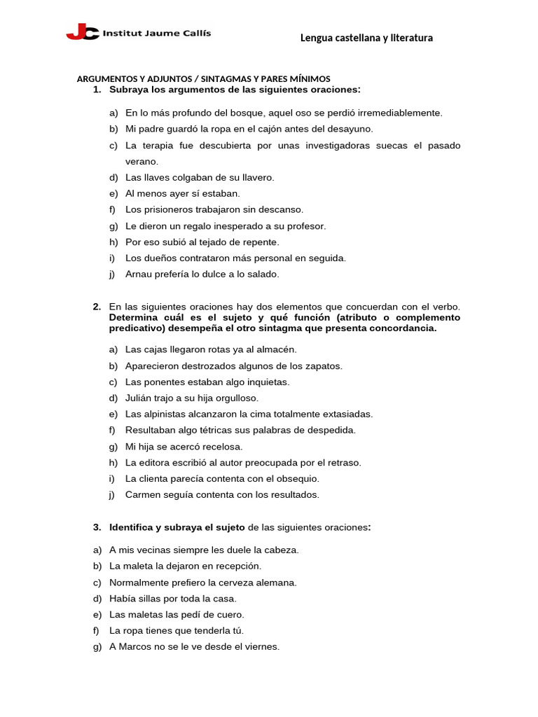 Argumentos, adjuntos, sintagmas y pares mínimos | PDF | Asunto (gramática) | Mecánica del lenguaje