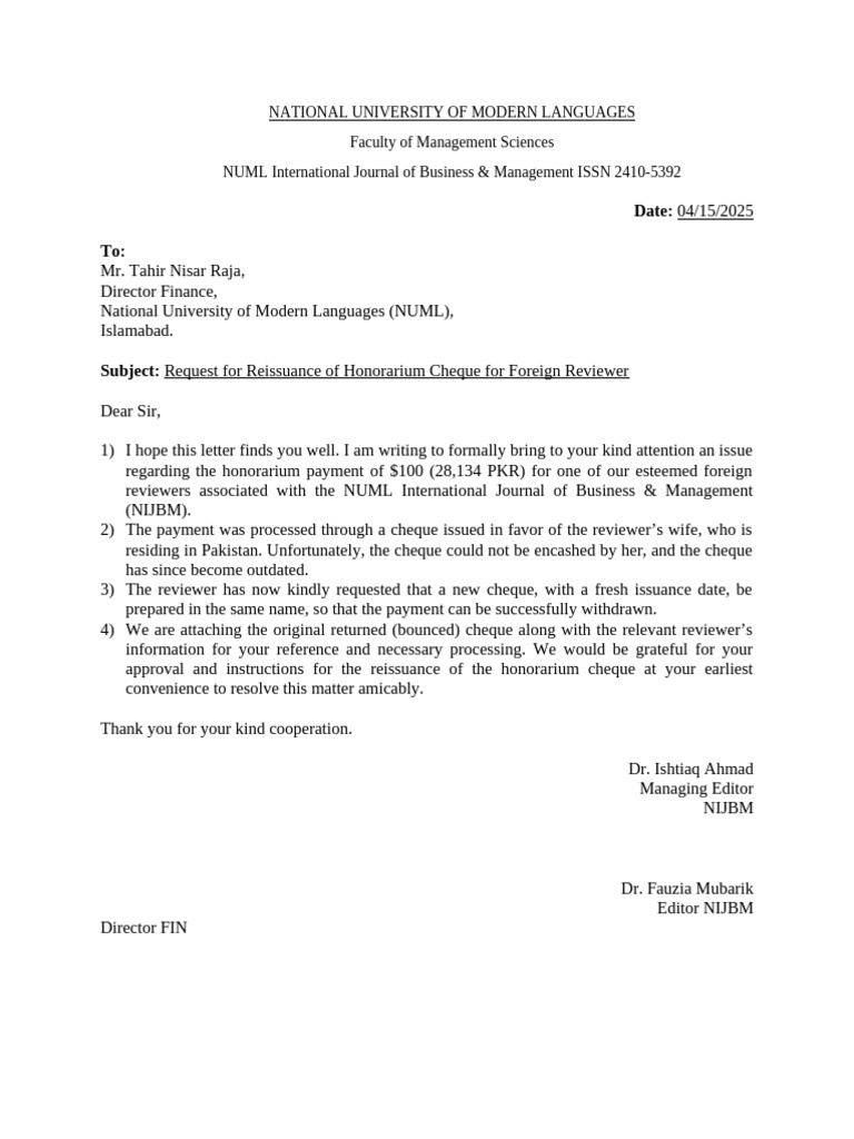 Letter To Dir FIN For Cheque | PDF