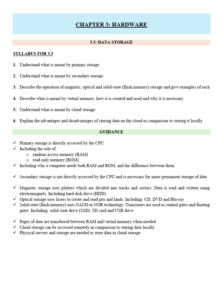 3.3 (Data Storage) (Notes) | PDF | Random Access Memory | Computer Data ...