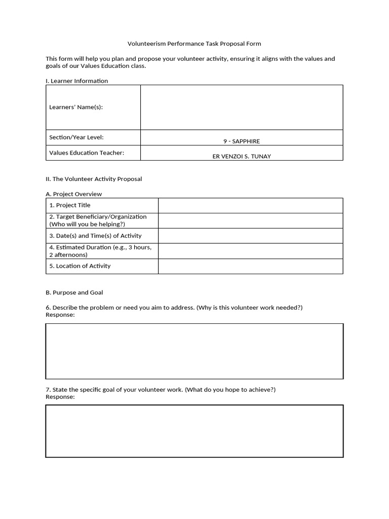 Volunteerism Performance Task Proposal Form | PDF | Volunteering | Learning
