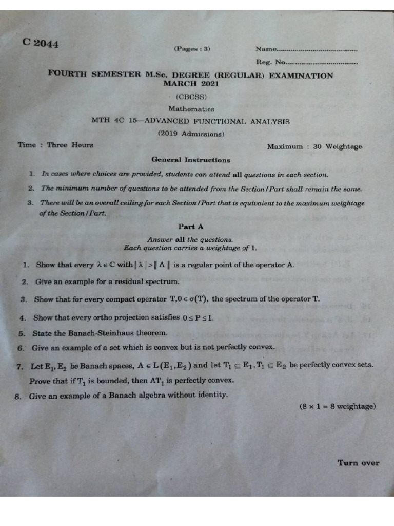 Advanced Functional Analysis March 2021 (2019 Admission) | PDF
