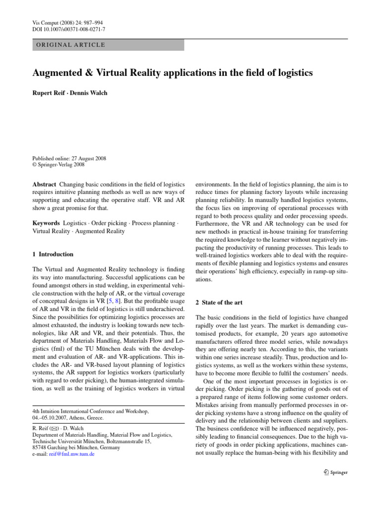 2008 Augmented & Virtual Reality Applications in The Field of Logistics ...