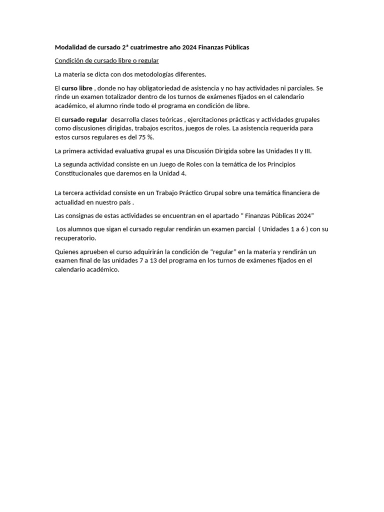 Modalidad de cursado 2° cuatrimestre 2024 | PDF