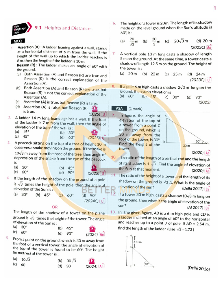 Some Applications of Trigonometry PYQs | PDF | Ladder