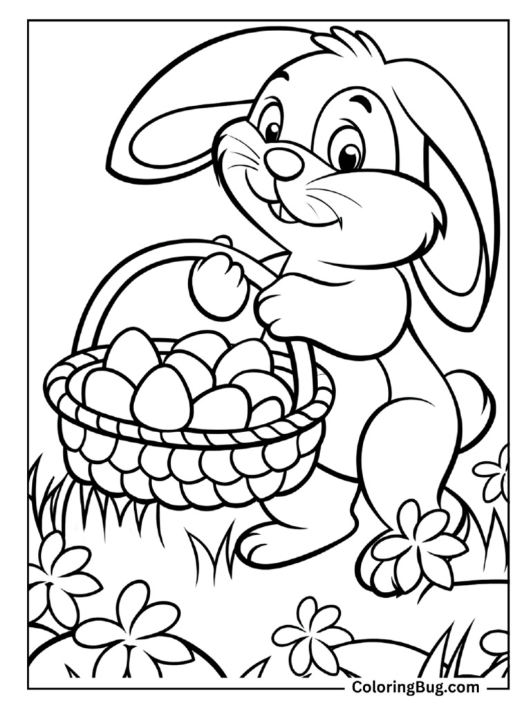 Bunny Collecting Easter Eggs in Basket Coloring Page | PDF