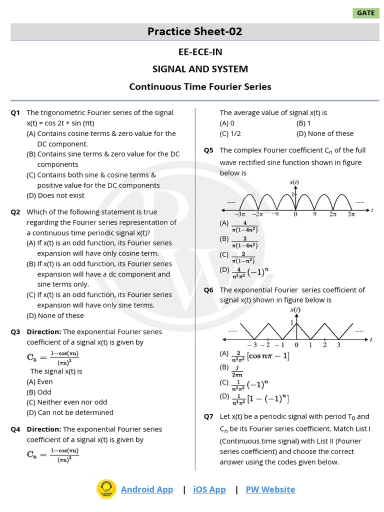 Continuous Time Fourier Series - Practice Sheet 02 | PDF | Fourier ...