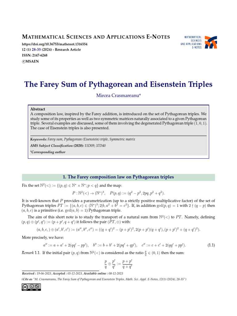 The Farey Sum of Pythagorean and Eisenstein Triple | PDF | Matrix ...