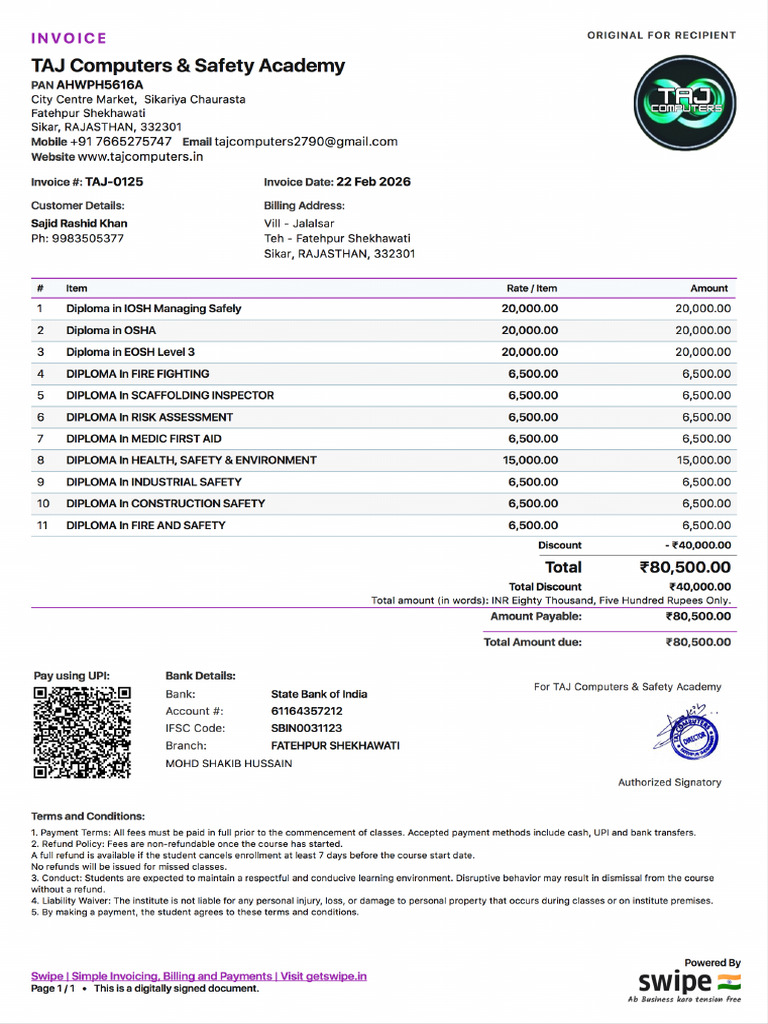Invoice TAJ 0125 SajidRashidKhan | PDF