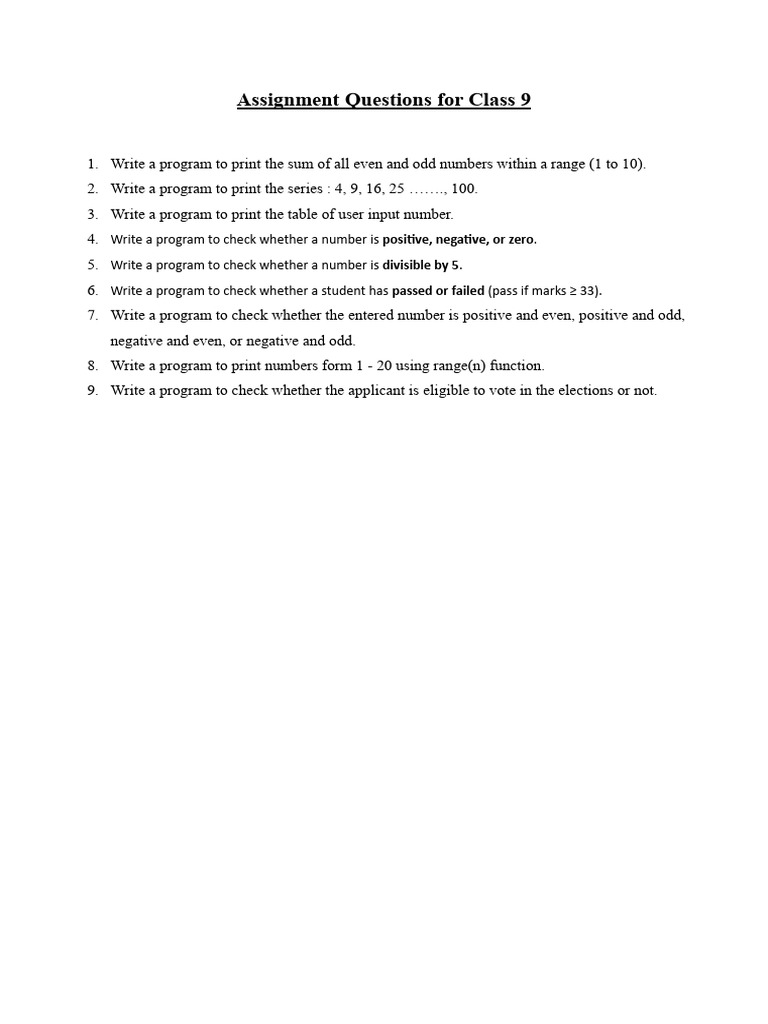 Assignment Questions For Class 9 | PDF