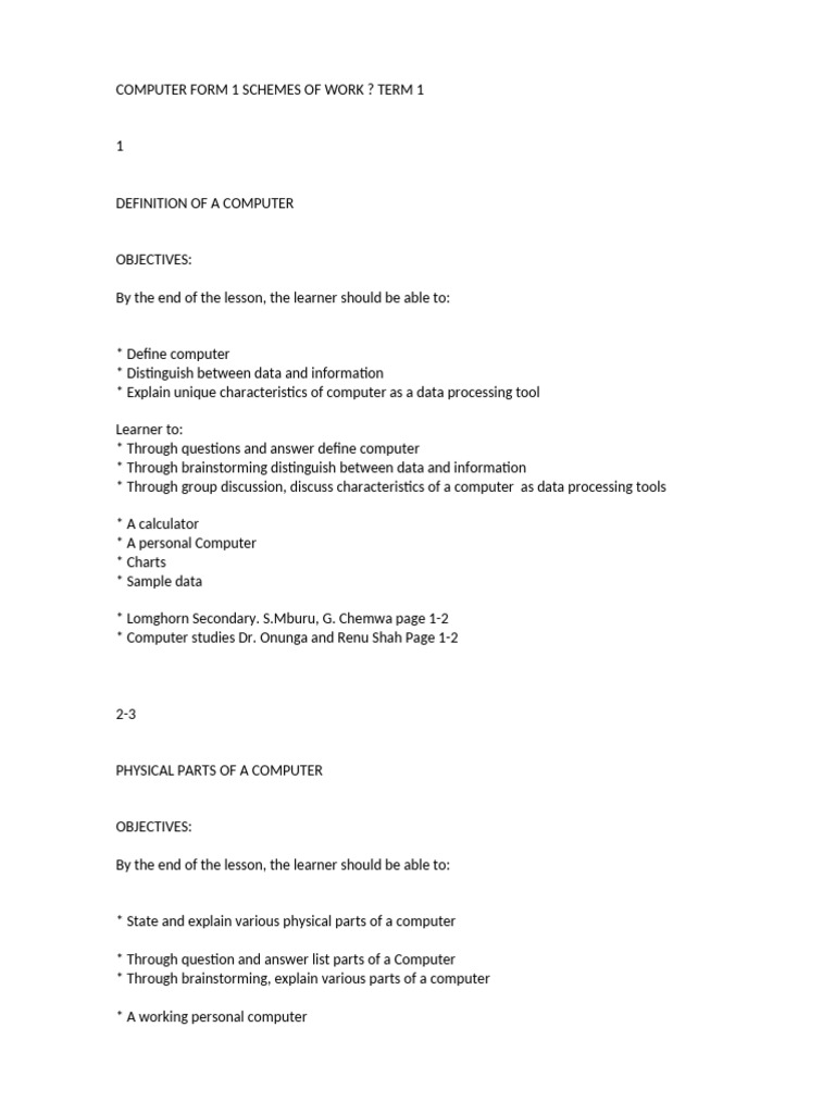Lesson Plans Computer Form I IV | PDF | Computer Data Storage ...