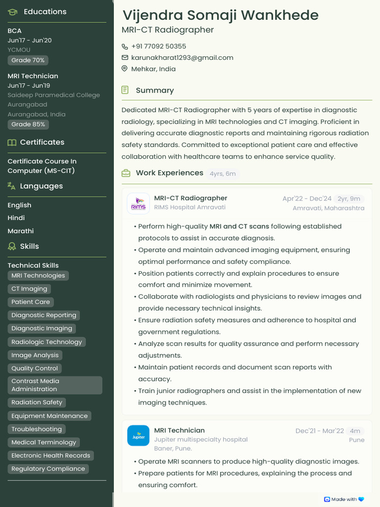 MRI-CT Radiographer Resume | PDF | Medical Imaging | Radiology