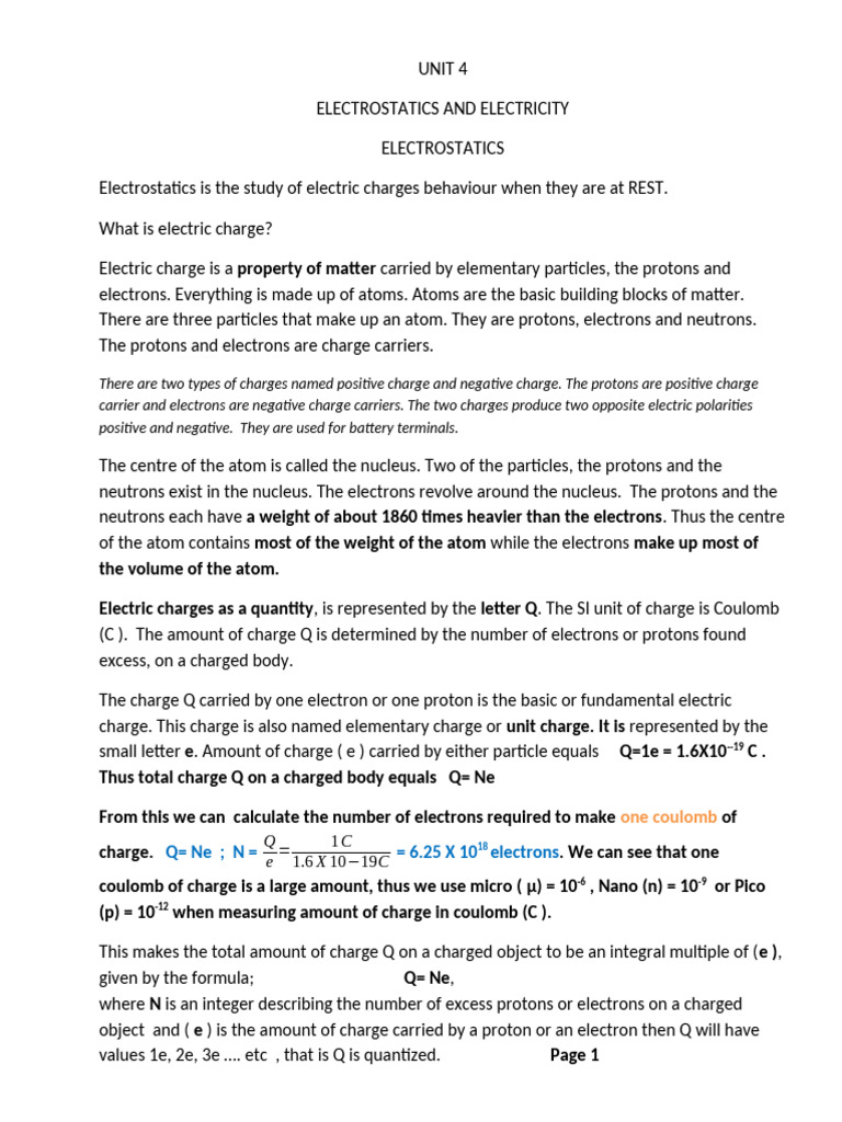 Unit 4 Electrostatics and Electricity | PDF | Electric Charge | Atoms