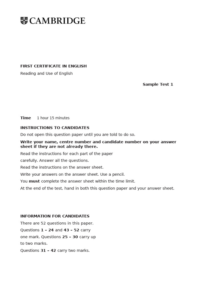 First - Reading and Use of English - Test 1 | PDF | Staple Foods