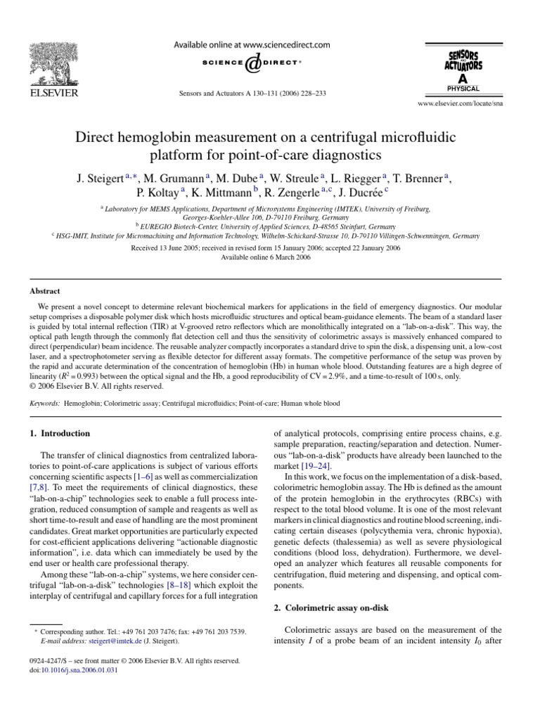 (2006) Direct Hemoglobin Measurement On A Centrifugal Microfluidic ...