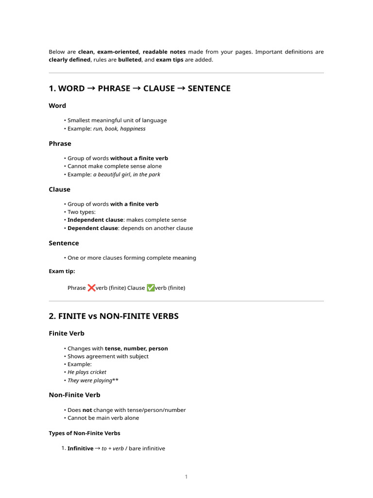 English Grammar - Exam Ready Notes (Clean & Structured) | PDF | Verb ...