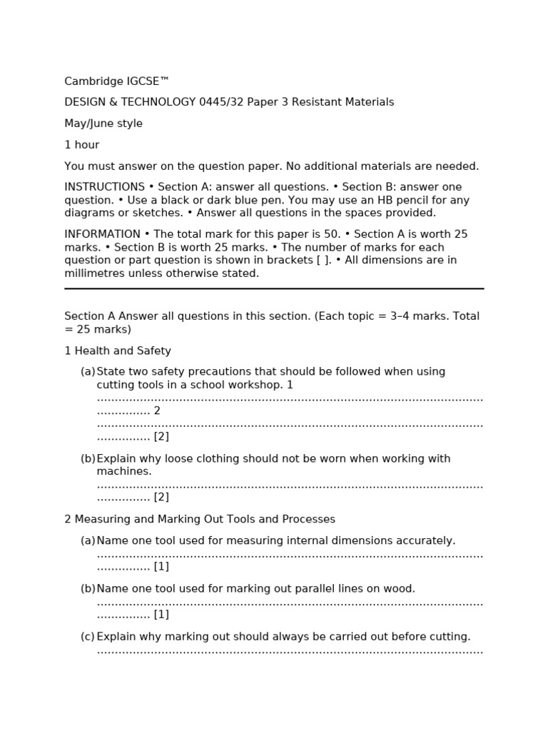 Cambridge Igcse Design & Technology 0445 - 32 - Practice Question Paper ...