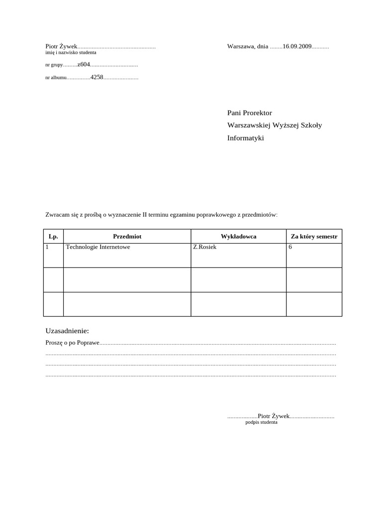 Dziekanat Podanie Poprawki | PDF