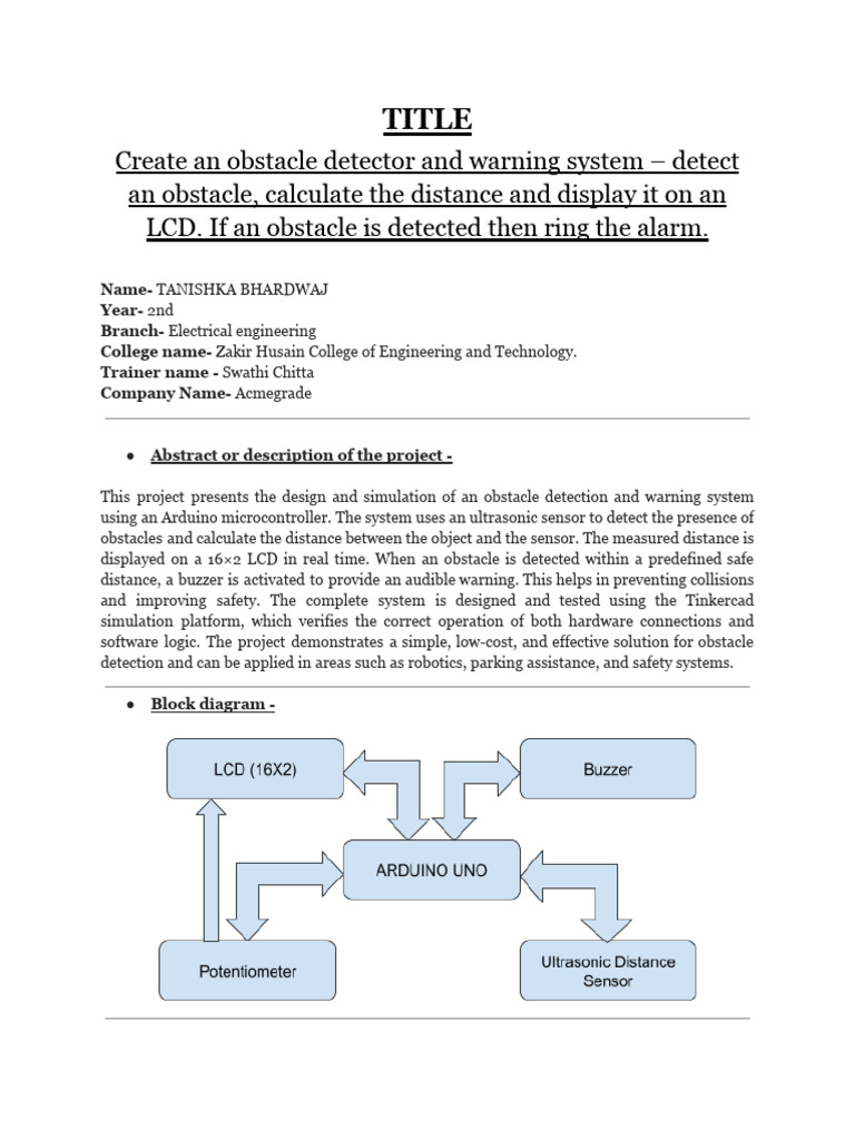 Obstacle Detection and Warning System | PDF | Ultrasound | Electronics