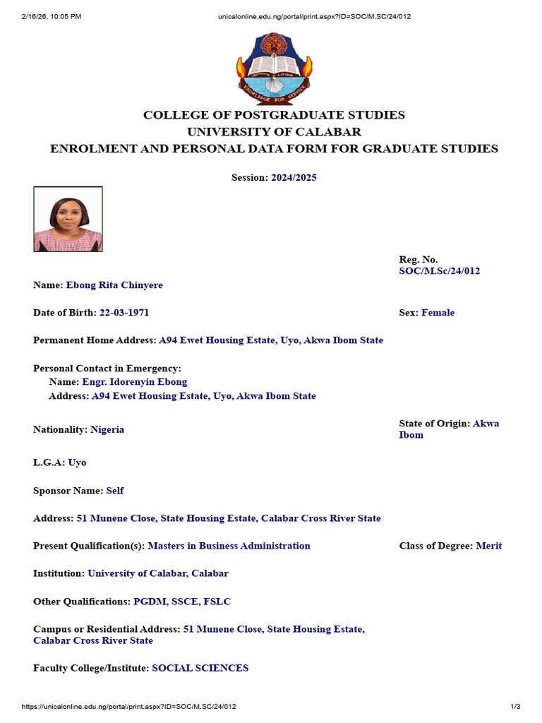 Rita Ebong - Enrolment Form | PDF | Postgraduate Education | Thesis
