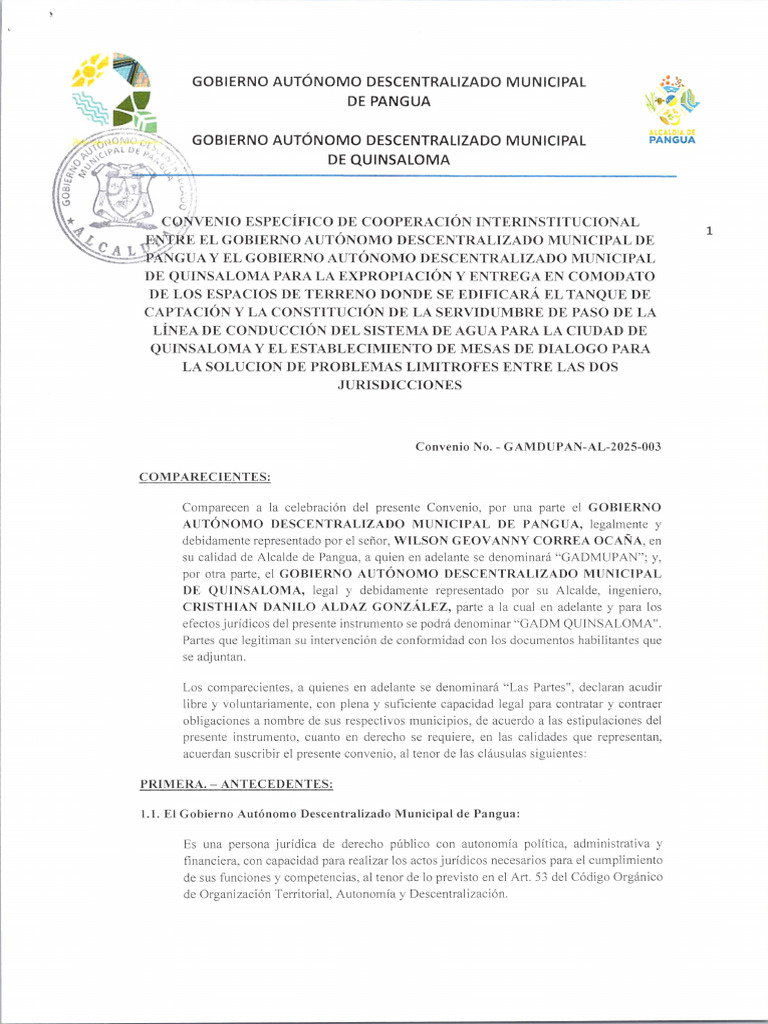 Convenio Interinstitucional Con Pangua | PDF | Gobierno local | Alcalde