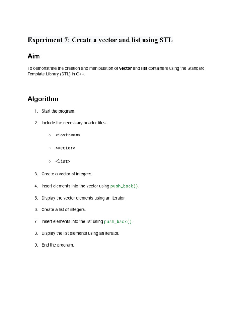 Experiment 7 - Create A Vector and List Using STL | PDF