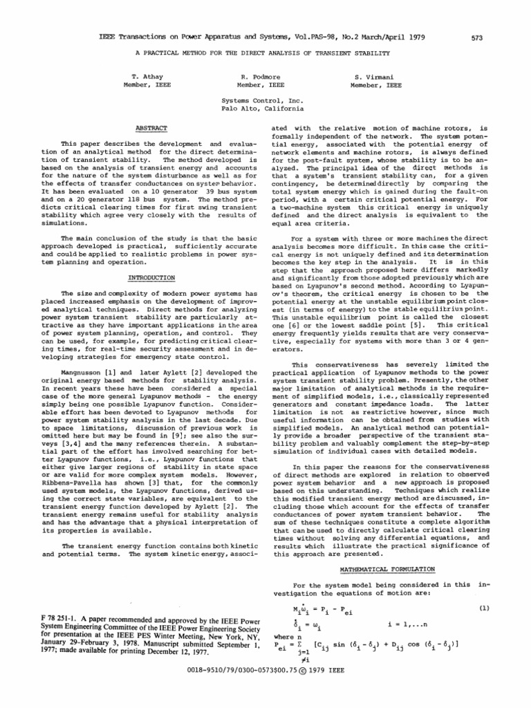 A Practical Method For The Direct Analysis of Transient Stability | PDF ...