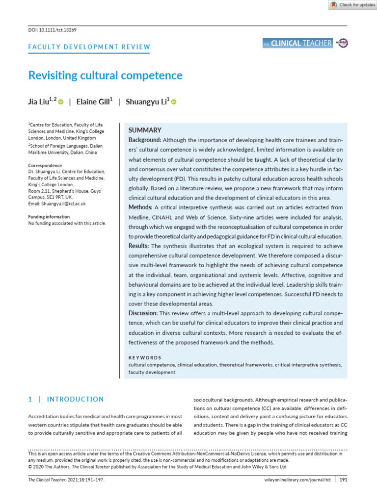 The Clinical Teacher - 2020 - Liu - Revisiting Cultural Competence ...