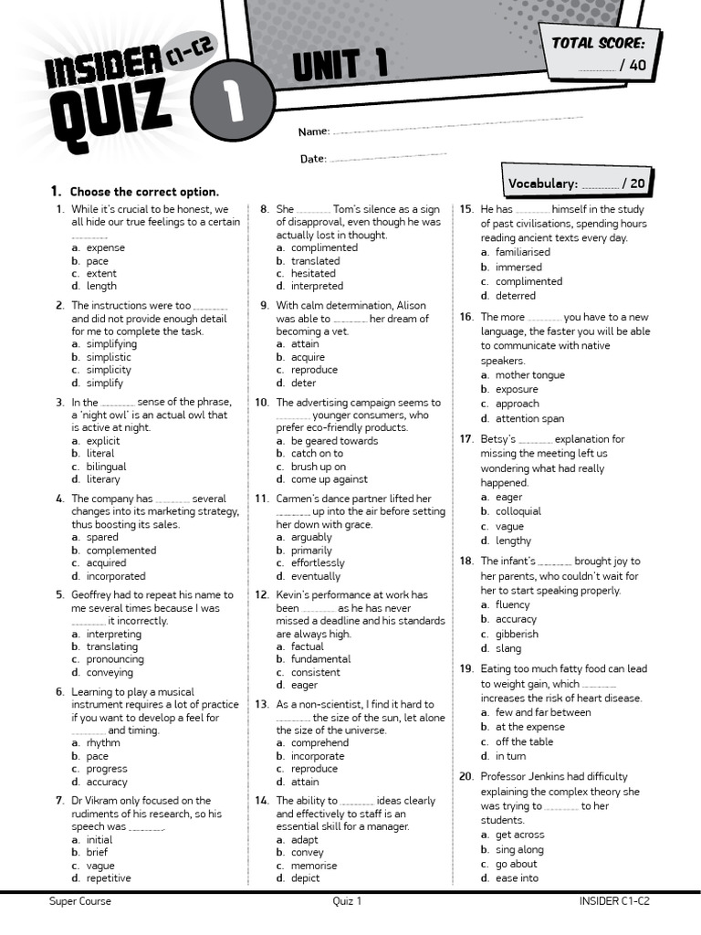 INSIDER C1-C2 - Quiz 1-2-3 & Tests 1 - Student's | PDF