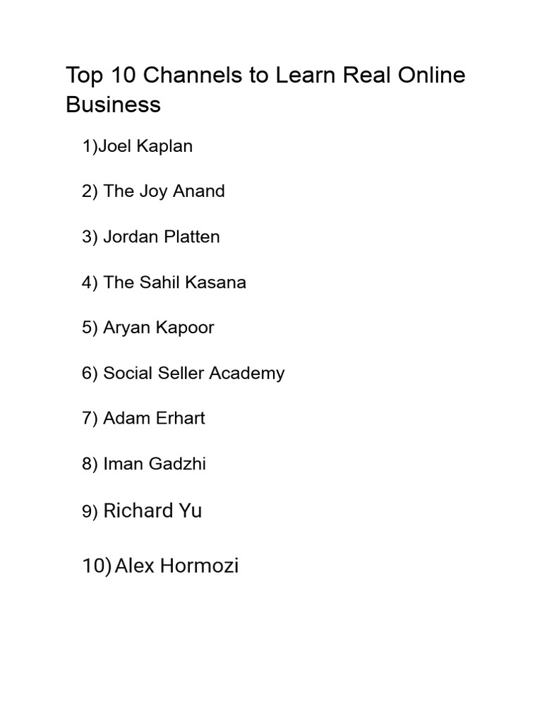 Top 10 Channels To Learn Real Online Business | PDF