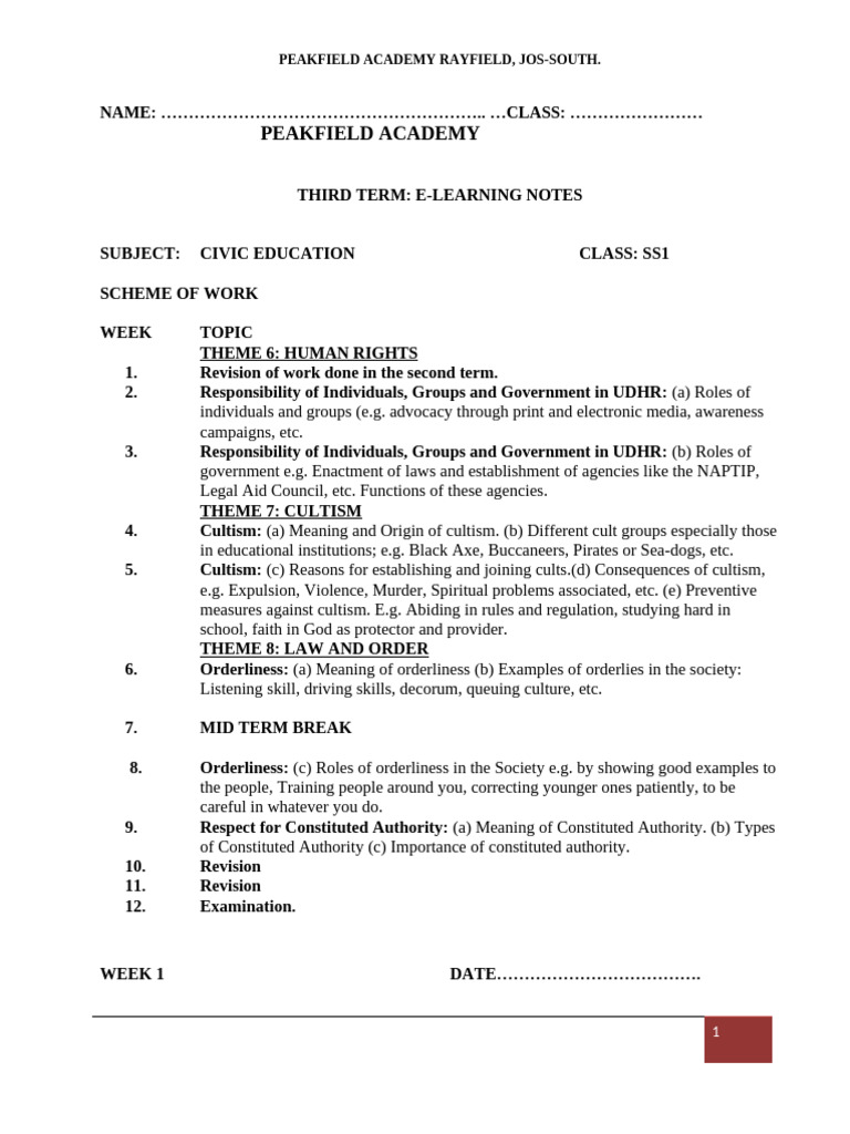 SS1 3RD TERM CIVIC EDUC - Docx (Reviewed) | PDF | Human Rights ...