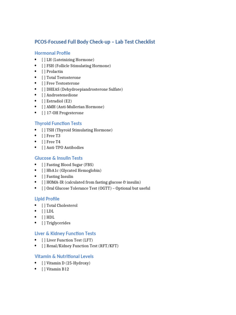 PCOS Full Body Checkup Checklist | PDF