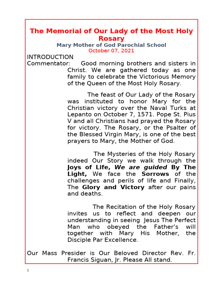 The Memorial of Our Lady of The Most Holy Rosary | PDF | Lord's Prayer ...