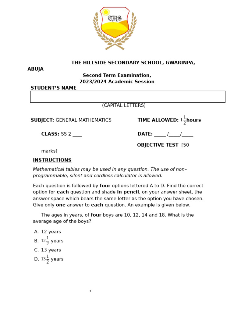Exams 2nd Term Maths Ss2 Obj | PDF | Square Root | Circle