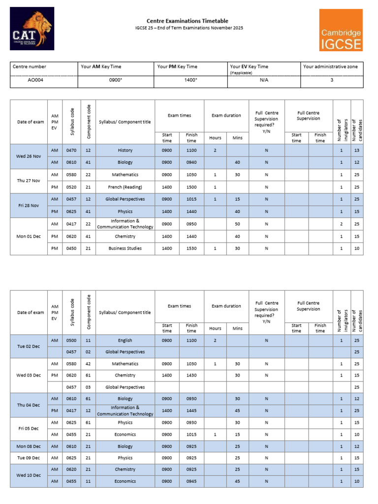 IGCSE 25 End of Term Exam Timetable November 2025 | PDF | Evaluation ...