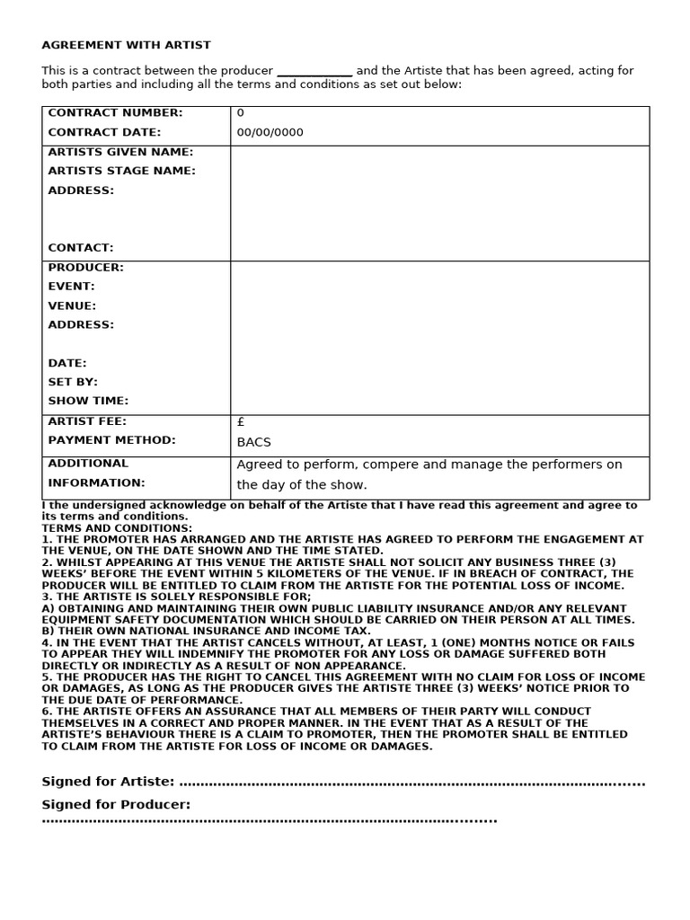 Agreement With Artist Template | PDF